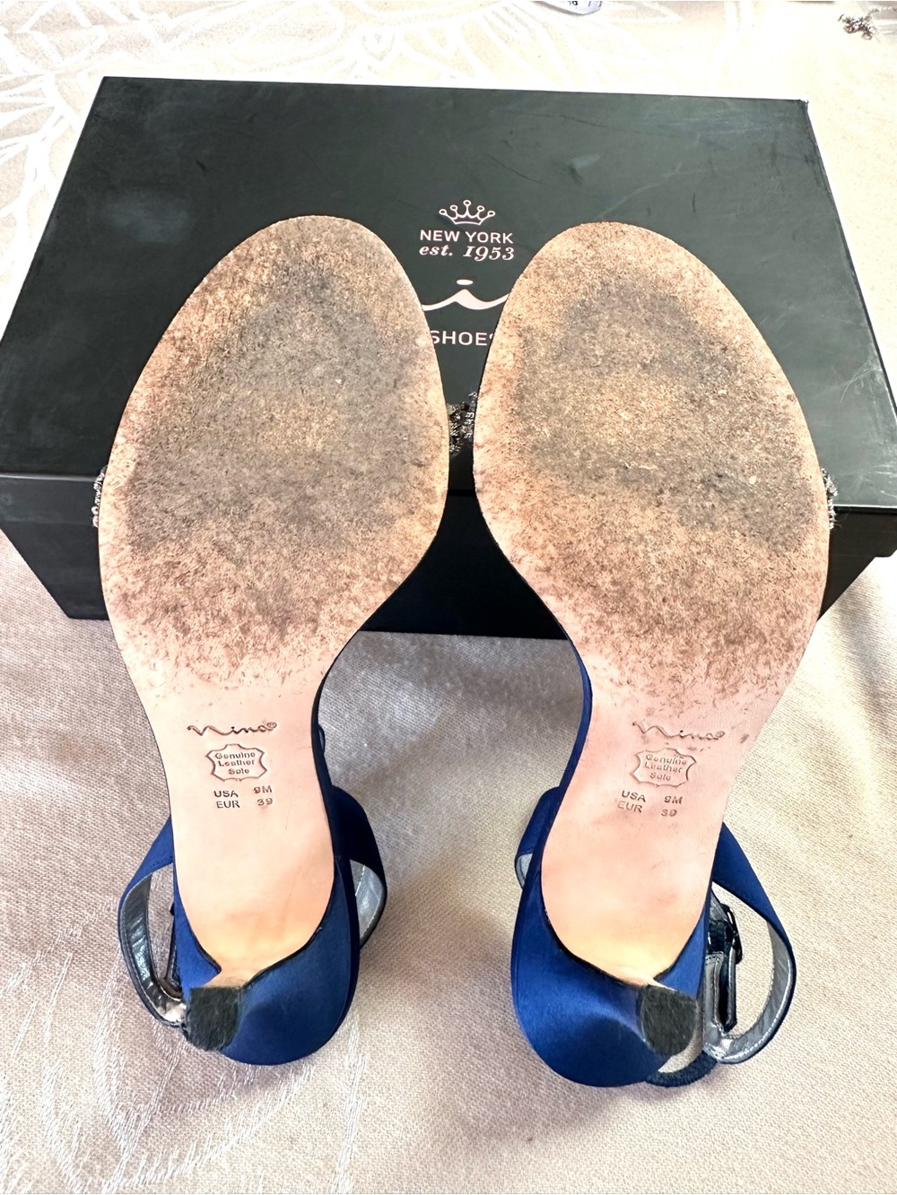 Nina Vasek Blue Satin Rhinestone Ankle Strap Heels Size 9 - Picture 6 of 9